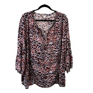 Caslon Maroon Floral Tie Neck 3/4 Sleeve Plus Size Top Womens Size 3X Boho